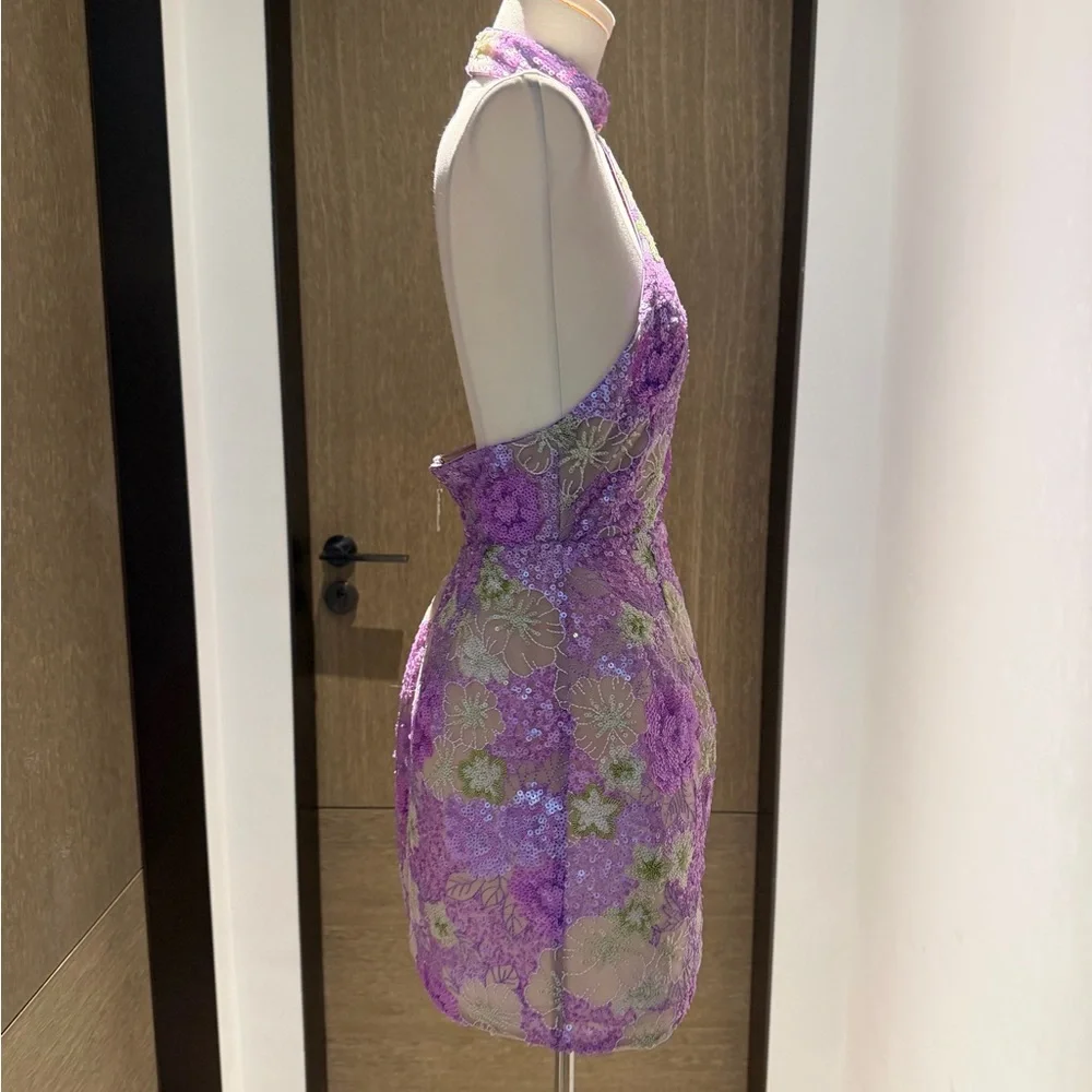 Bronx and Banco Purple Floral Halter Mini Dress